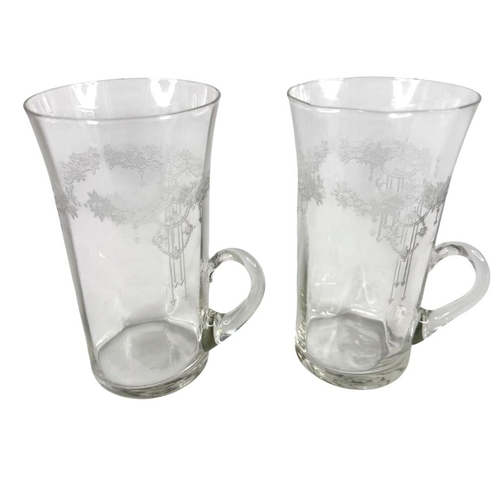 Monongah Roseland Etched Glass Clear Irish Coffee Mugs Set Of 2 Vintage USA